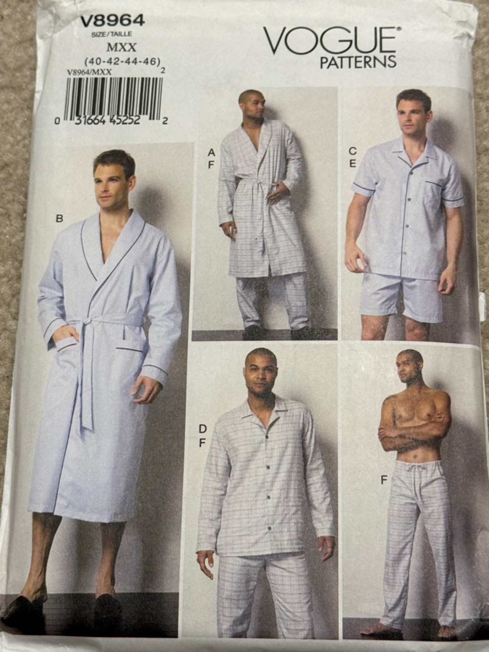 Vogue men's pajama and robe sewing pattern Extra Large